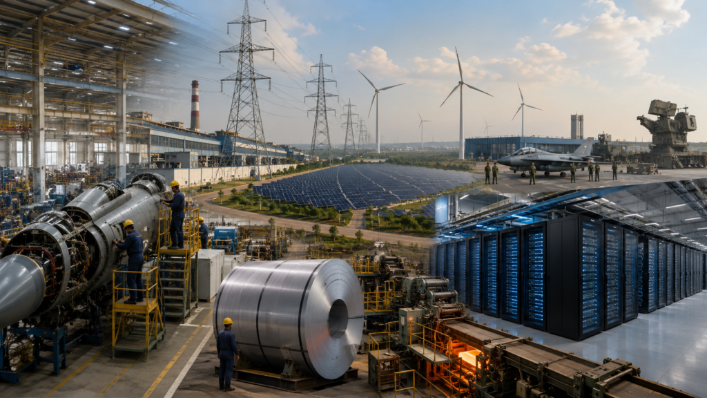Representative image showing India Inc’s FY27 capex shift toward defence manufacturing, energy security, metals, data centres and AI infrastructure as corporate investment priorities move into strategic sectors.