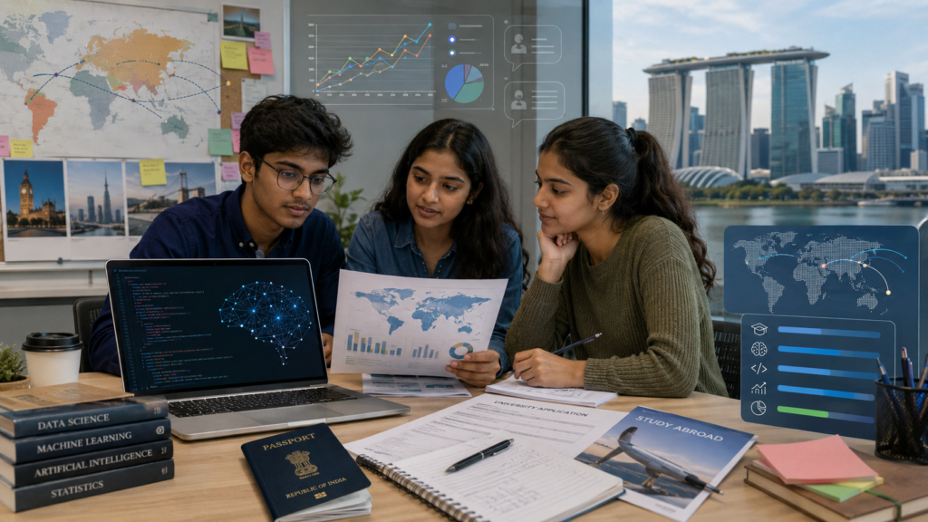Representative image: Indian students review study-abroad options as Leap Scholar data shows Singapore gaining ground among overseas education destinations, with Data Science and Artificial Intelligence courses increasingly shaping destination choices.