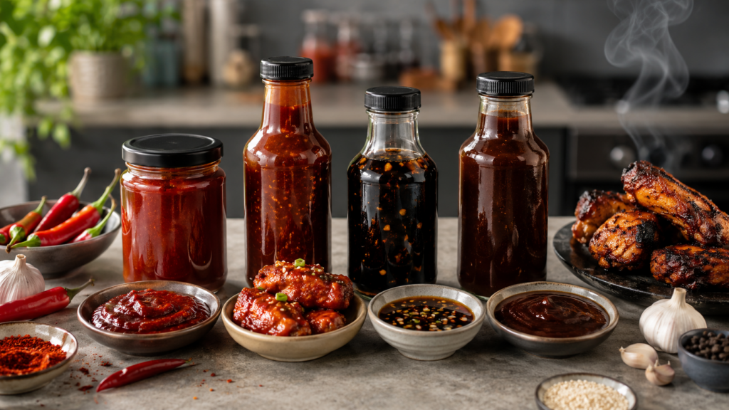 Representative image of Korean-style sauces, chili ingredients and glazed chicken, illustrating ECOLINE CO., LTD.’s K-sauce launch as the swicy food trend gains traction in global kitchens.