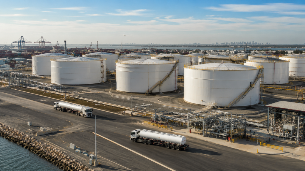 Representative image: Large fuel storage tanks and tanker trucks at an industrial terminal illustrate Australia’s plan to commit about $7 billion to expand fuel stockpiles, strengthen diesel and aviation fuel reserves, and create a government-backed energy security buffer.