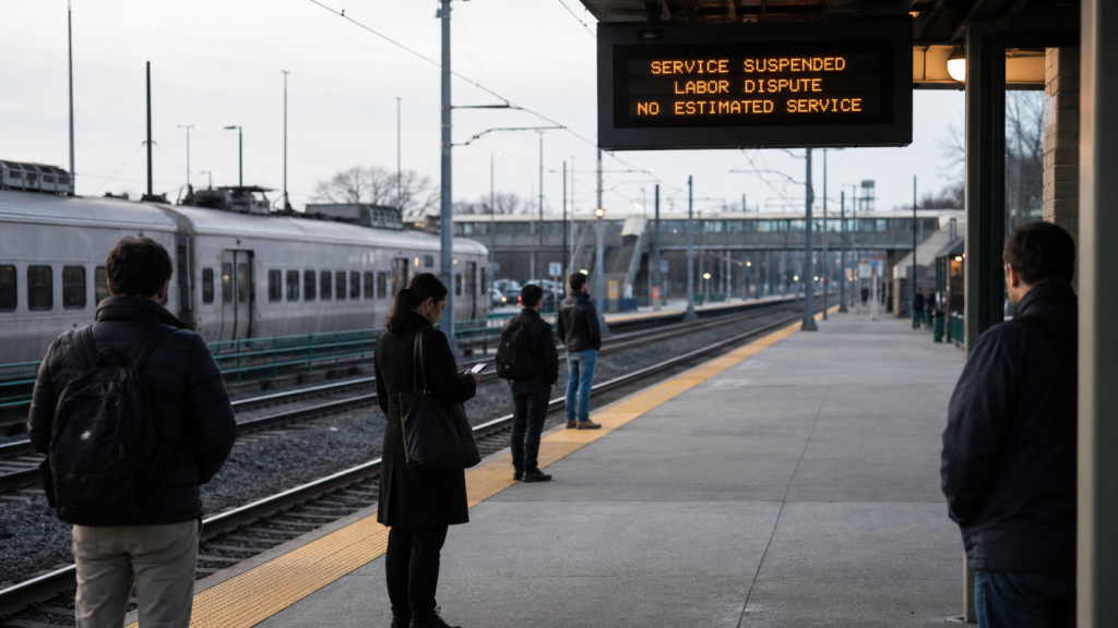 Representative image: Stranded commuters wait on a quiet rail platform as the Long Island Rail Road strike halts train service after contract talks between unions and the Metropolitan Transportation Authority collapsed, triggering major travel disruption across Long Island and New York City.