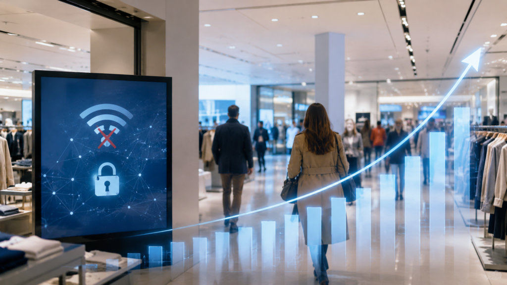 Representative image: A generic retail store scene with a cybersecurity disruption graphic and rising growth chart, illustrating Marks and Spencer Group’s profit decline after its cyber incident and the retailer’s return to second-half growth.