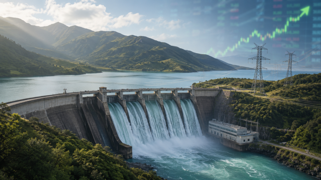 Representative image of a hydroelectric dam and transmission network, reflecting Mercury NZ Limited’s ASX share bounce as stronger hydro generation and upgraded FY2026 EBITDAF guidance sharpen investor focus on New Zealand renewable utilities.