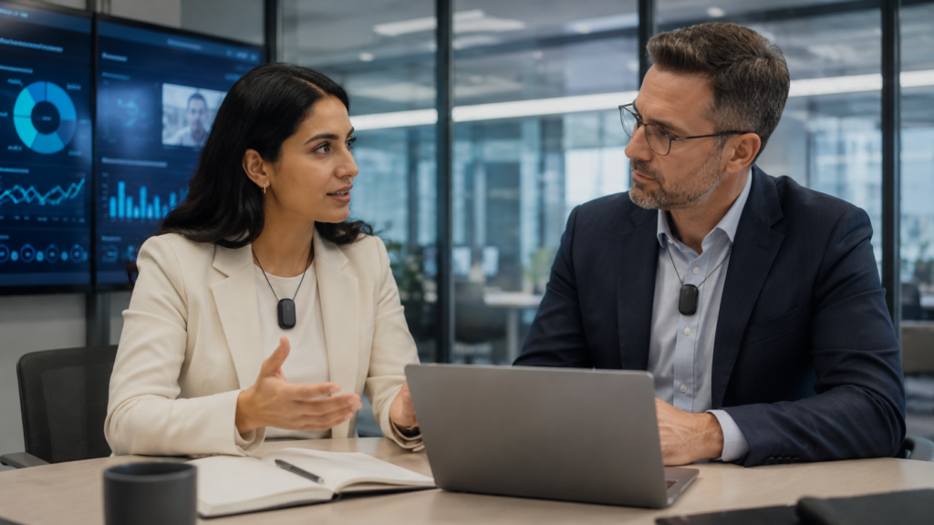 Representative image showing AI wearable technology in an office setting, as Meta Platforms’ planned AI pendant raises fresh questions over workplace productivity, privacy and Reality Labs strategy.