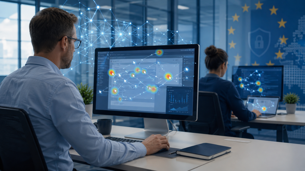 Representative image showing AI-powered workplace monitoring and computer activity tracking, as Meta Platforms faces growing scrutiny over employee data use, AI agent training and EU privacy rules.