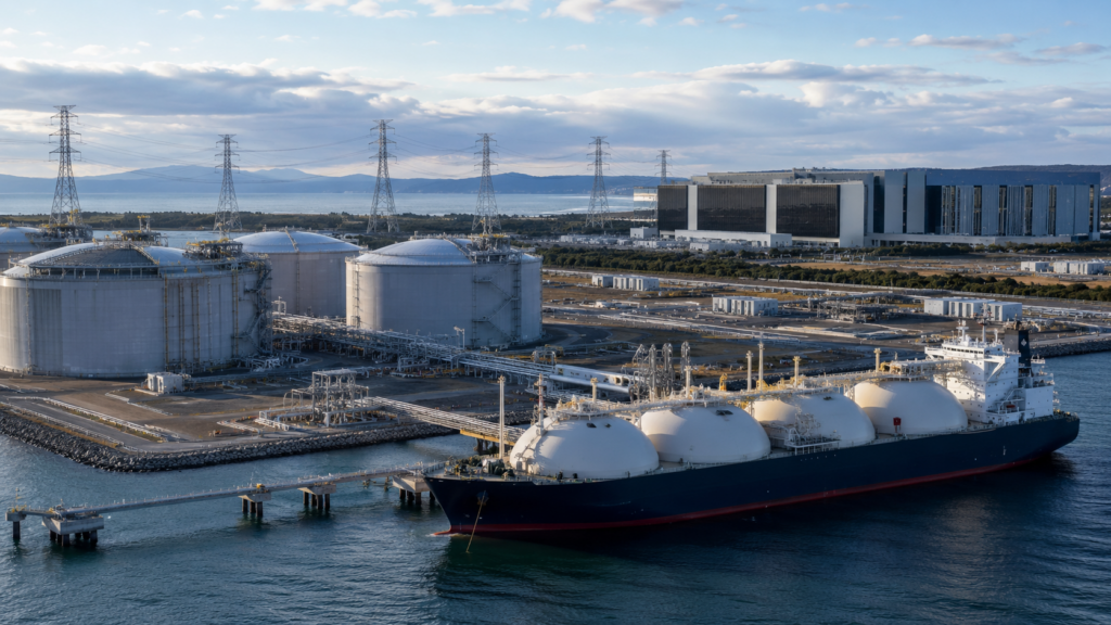 Representative image showing LNG shipping, storage tanks and power infrastructure, as Mitsui & Co.’s energy strategy links artificial intelligence data centres with global gas demand.
