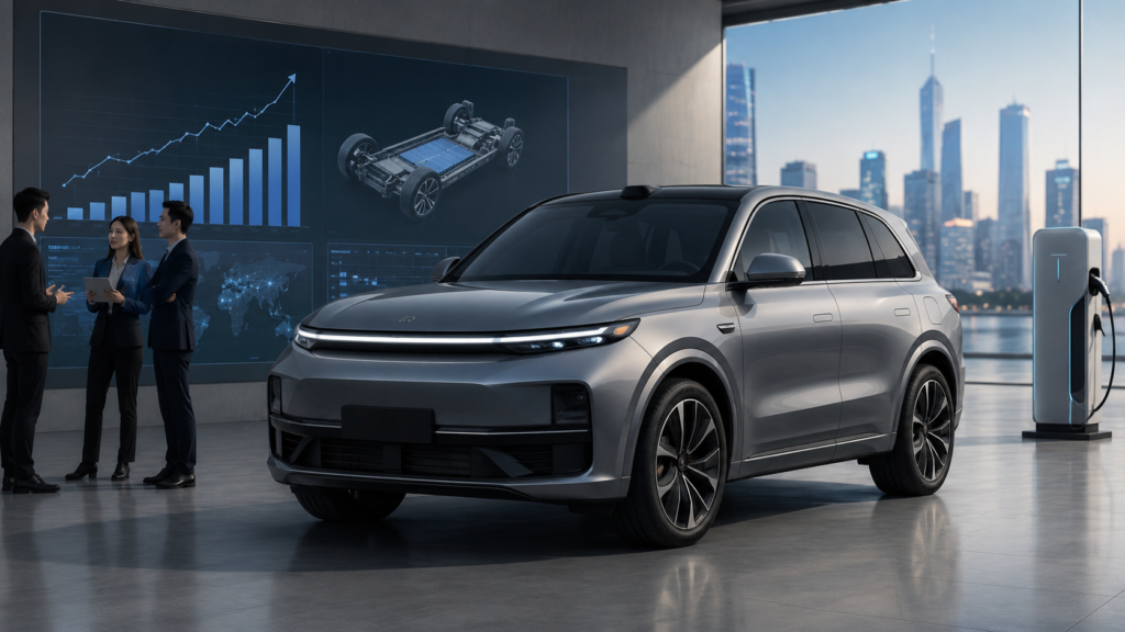 Representative image of a premium electric SUV in a modern EV showroom, reflecting NIO’s Q1 delivery rebound, ES9 launch momentum, and investor focus on China electric vehicle market competition.