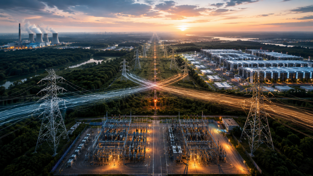 Representative image of high-voltage power infrastructure, grid corridors and data center energy demand, reflecting the proposed $66.8 billion NextEra Energy and Dominion Energy all-stock merger and its role in reshaping the US regulated utility sector.