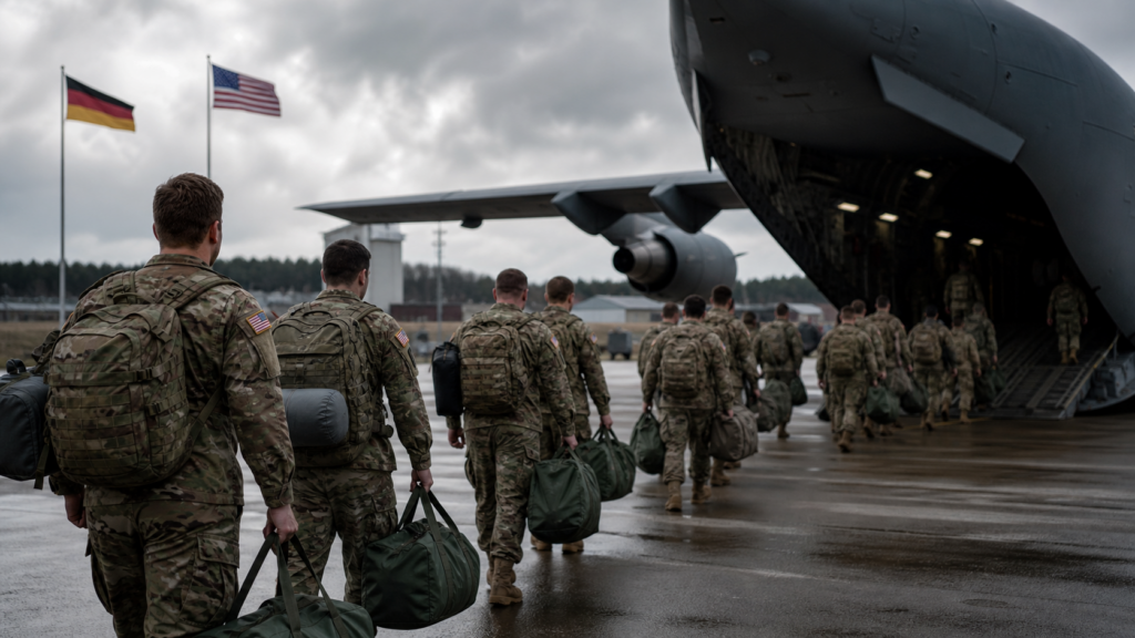 Representative image: United States service members board a military transport aircraft at a European air base, illustrating the Pentagon’s planned withdrawal of about 5,000 troops from Germany amid rising United States–Germany tensions over the Iran war.