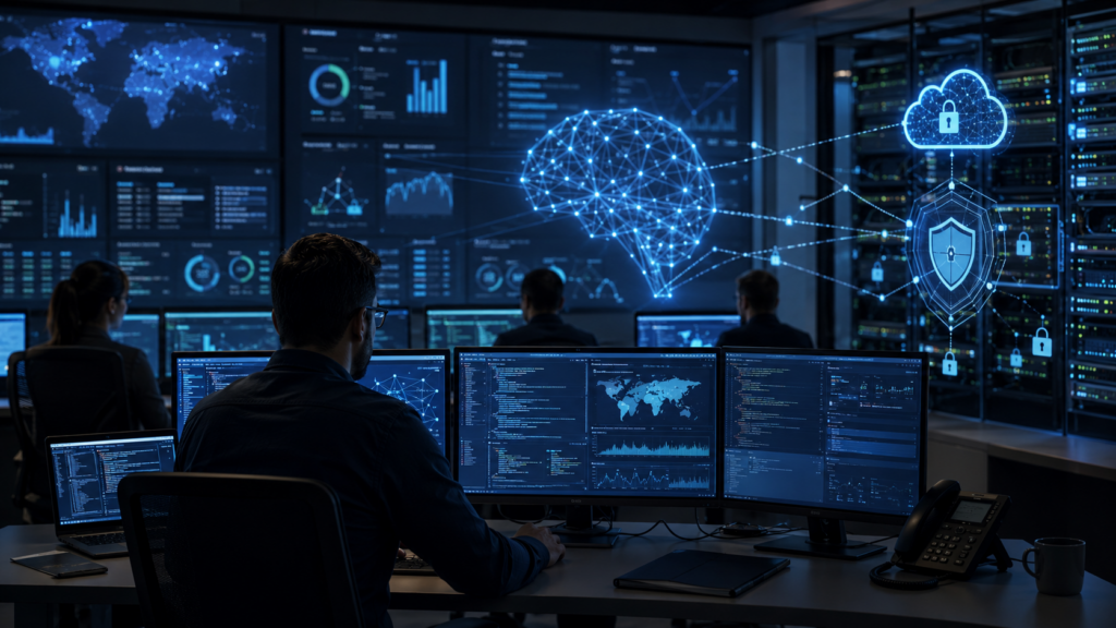 Representative image of an AI-powered cybersecurity operations center, illustrating IBM’s push into enterprise security, Project Glasswing collaboration, and machine-speed threat defense for critical software infrastructure.
