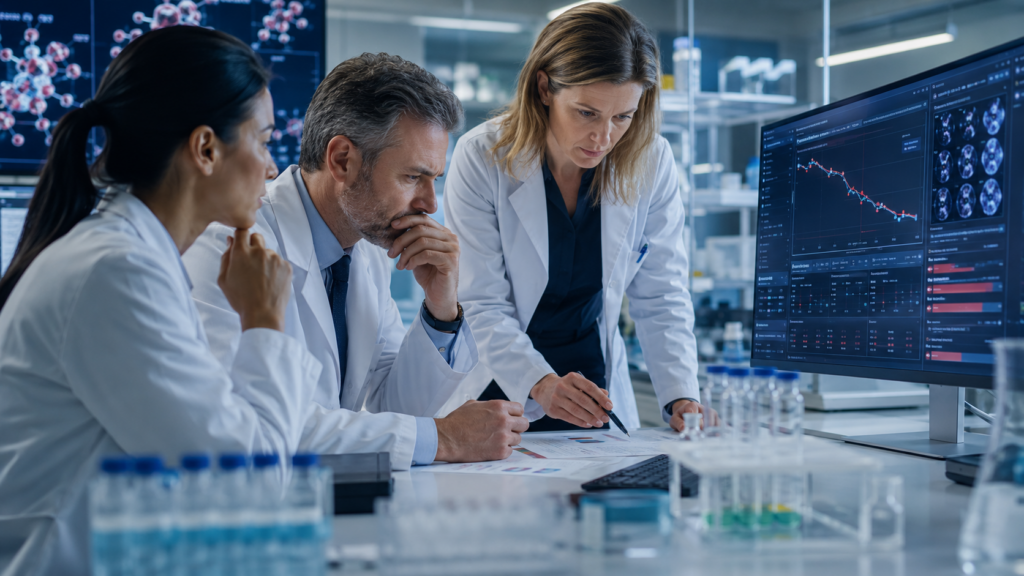 Representative image of oncology researchers reviewing clinical trial data, reflecting Regeneron Pharmaceuticals’ late-stage Libtayo combination setback against Merck’s Keytruda in advanced melanoma.
