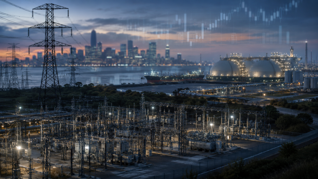 Representative image of electricity transmission infrastructure, an LNG export terminal and market chart overlays, reflecting investor scrutiny as Sempra faces activist pressure from Voss Capital over a proposed Oncor spin-off and portfolio breakup strategy.