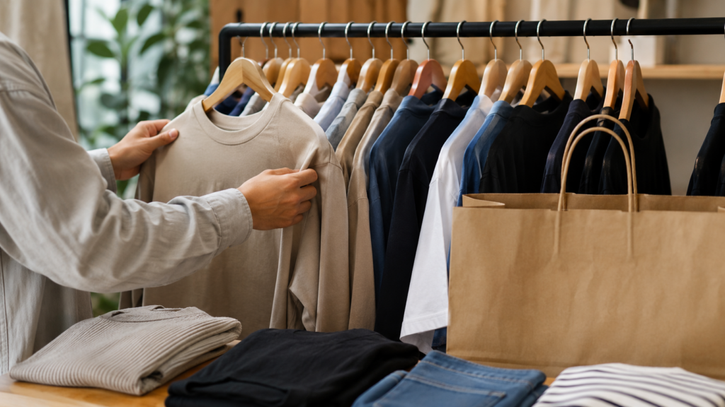 Representative image: A minimalist apparel retail display reflects Shein’s acquisition of Everlane, highlighting the tension between fast-fashion scale, sustainable fashion credibility and consumer trust in direct-to-consumer retail.