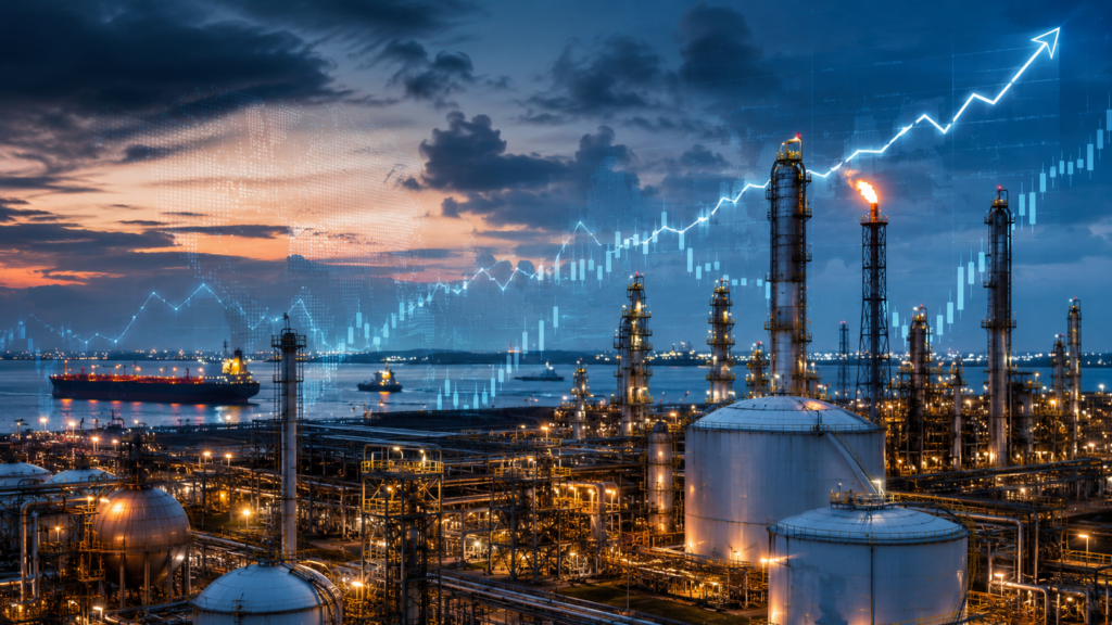 Representative image of an oil and gas refinery with financial market overlays, reflecting how Shell plc’s first quarter 2026 earnings were lifted by volatile energy trading, higher shareholder returns, and investor focus on second quarter Integrated Gas risks.