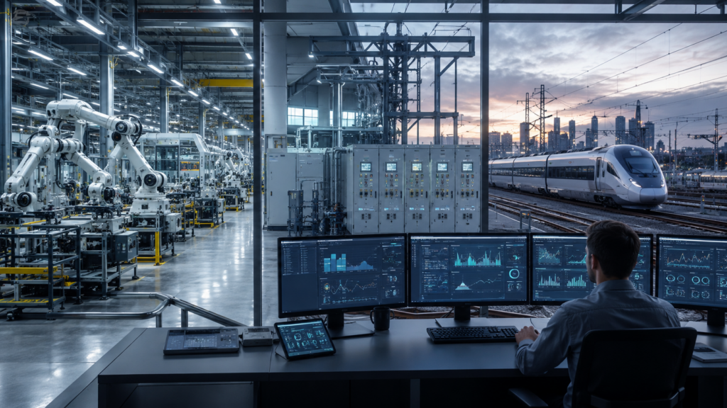Representative image: A modern industrial control room overlooking automated factory systems, electrification infrastructure and rail mobility, reflecting Siemens AG’s Q2 FY2026 focus on industrial AI, smart infrastructure, data center demand and long-cycle order growth.