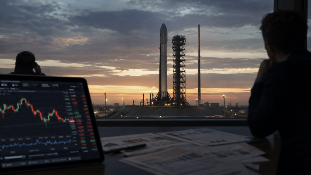 Representative image of a rocket awaiting launch as investors track market charts, reflecting growing skepticism over whether SpaceX will file for its anticipated IPO in May.