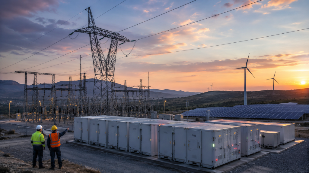 Representative image of Spain’s power grid, battery storage and renewable energy infrastructure as the European Commission approves a €9 billion capacity mechanism to strengthen electricity security and backup power reliability.