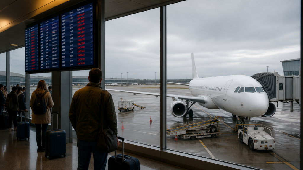 Representative image: Stranded passengers wait inside an airport terminal as cancelled flight screens and a grounded aircraft capture the disruption caused by Spirit Airlines’ weekend shutdown and passenger refund process.