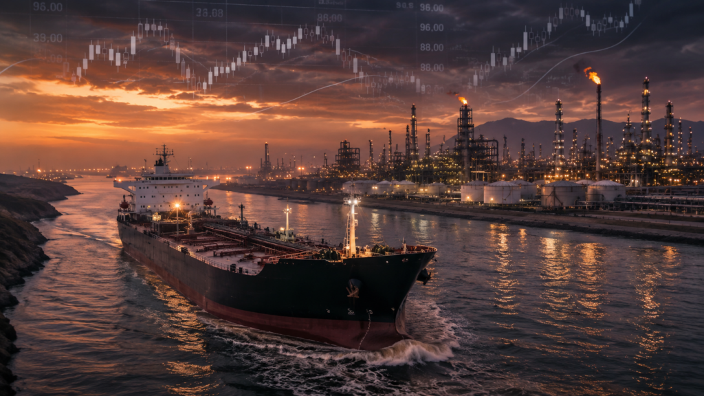 Representative image: A crude oil tanker moves near refinery infrastructure as Brent crude prices stay above $100, highlighting how United States and Iran tensions and Strait of Hormuz supply risks are reshaping global energy markets.