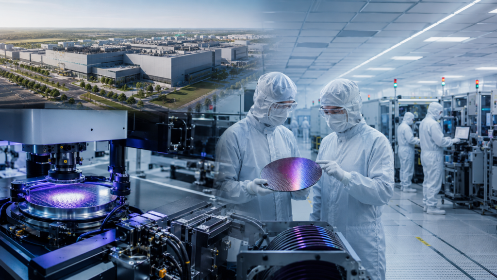 Representative image of a semiconductor cleanroom and wafer fabrication facility, illustrating how the Tata Electronics–ASML partnership could strengthen India’s 300 mm chip manufacturing ambitions at the Dholera semiconductor fab in Gujarat.