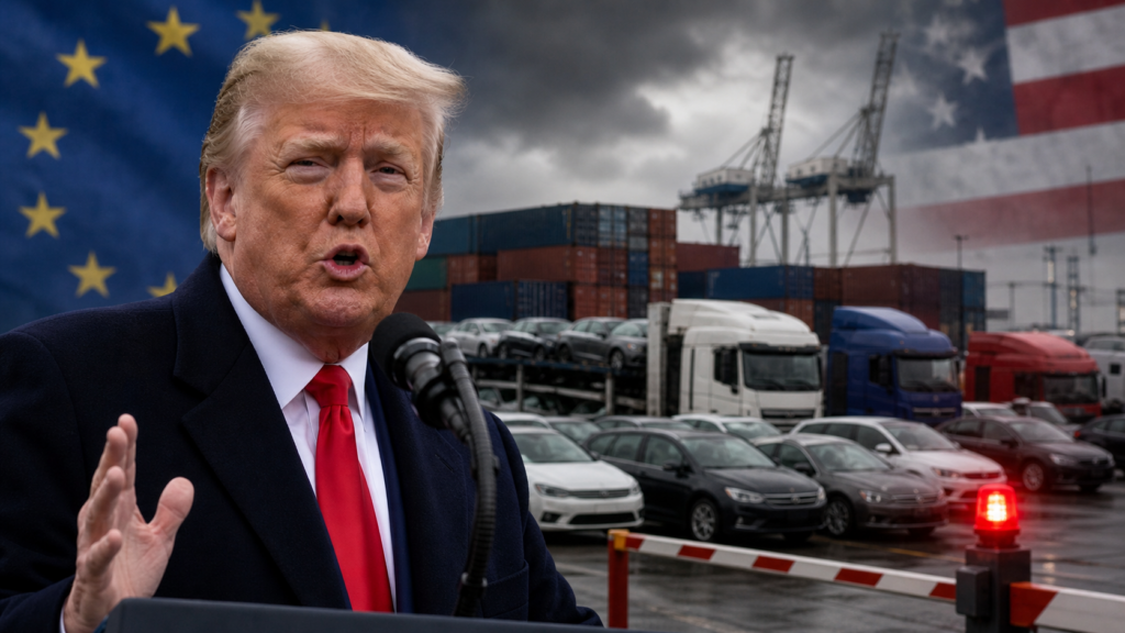 Representative image: European Union cars and trucks face renewed uncertainty at a transatlantic port backdrop as Donald Trump’s proposed 25 per cent auto tariff puts the Turnberry Agreement under fresh pressure.