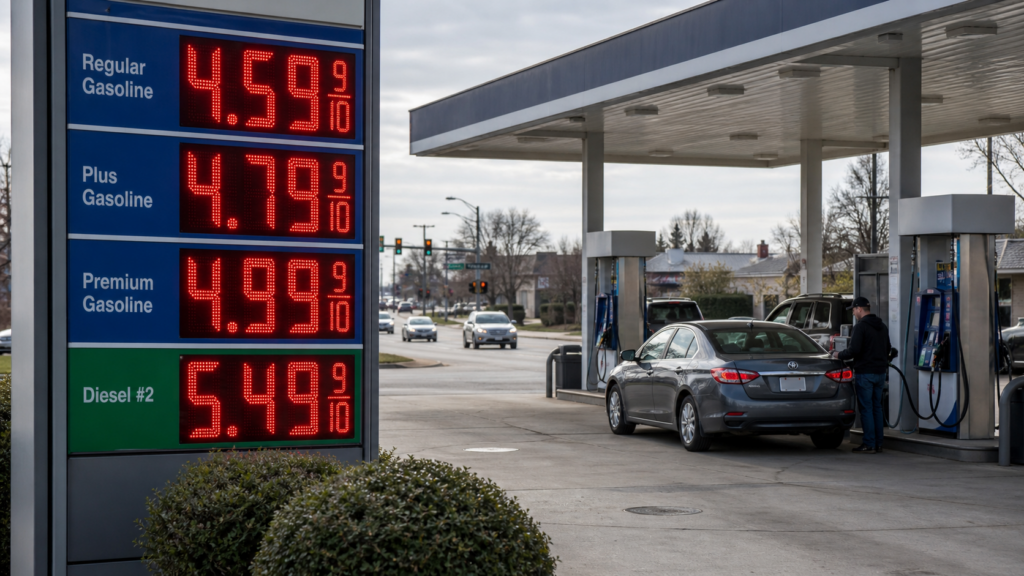 Representative image: A generic United States gas station shows elevated pump prices as average United States gas prices top $4.50 a gallon, highlighting how global oil disruption, low fuel inventories, and inflation pressure are hitting American drivers.