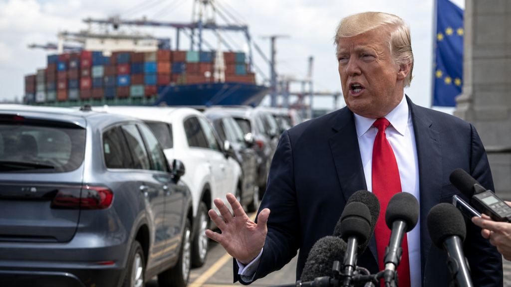 Representative image of United States President Donald Trump addressing reporters as imported cars and shipping containers frame the renewed United States–European Union auto tariff dispute, after Washington threatened to raise tariffs on European Union cars and trucks to 25 per cent.