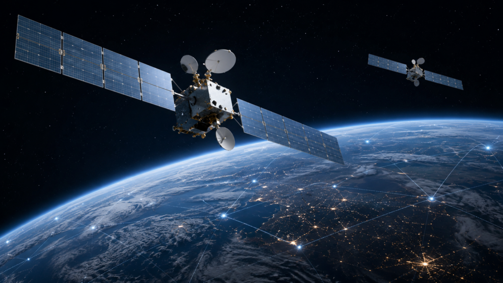 Representative image of advanced satellite communications infrastructure in Earth orbit, reflecting Viasat and Intelsat General’s $437.7 million U.S. space vehicle contract and the growing strategic importance of protected military satellite networks.