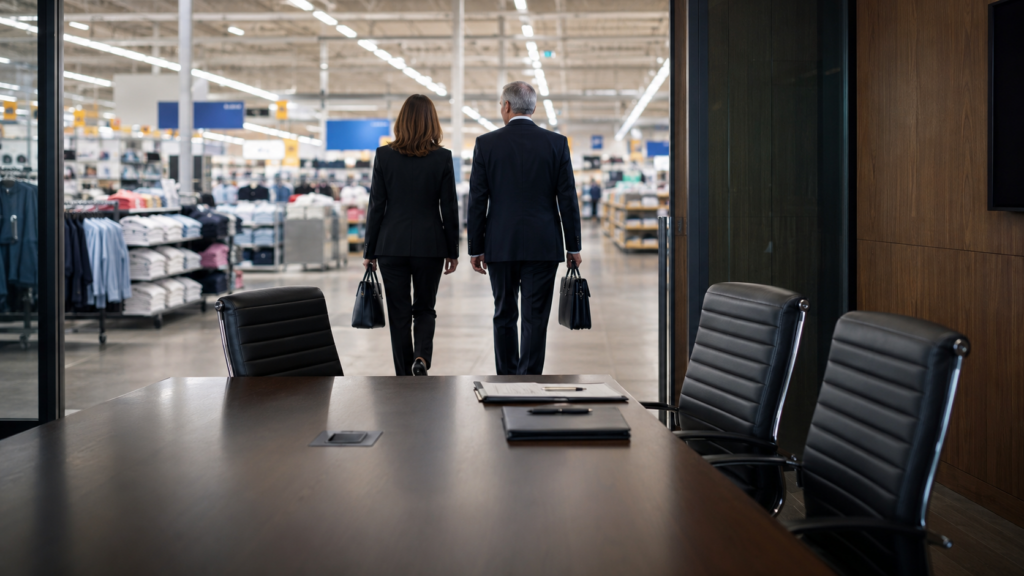 Representative image of senior retail executives leaving a corporate boardroom for a big-box store floor, reflecting Walmart’s leadership shake-up and the strategic pressure on Walmart U.S. operations, Sam’s Club growth, and $WMT investor sentiment.