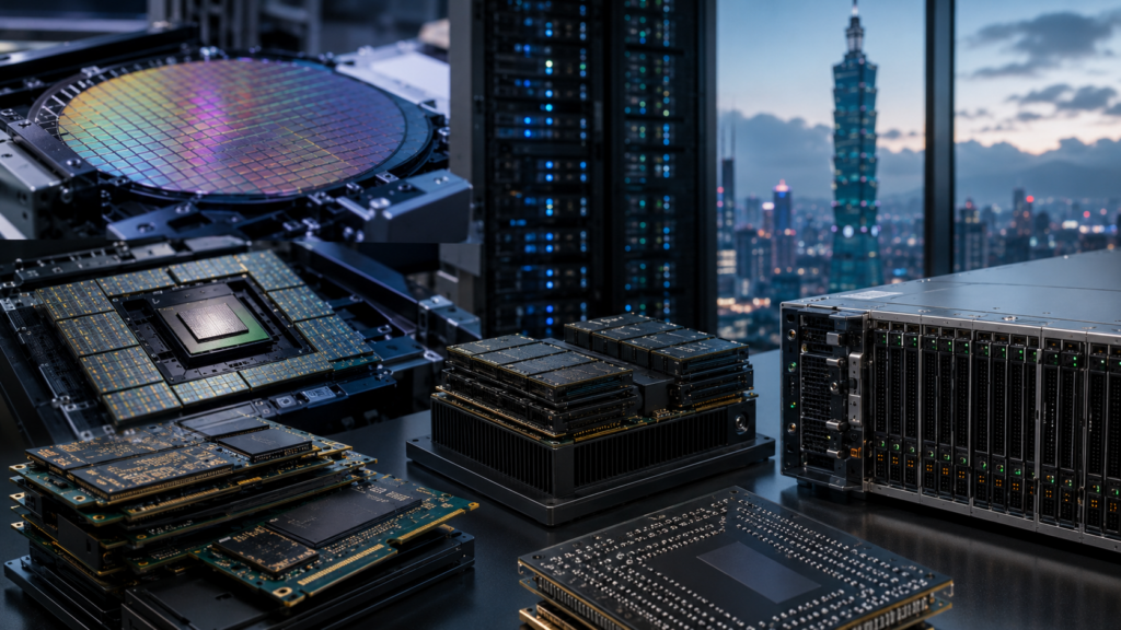 Representative image of advanced semiconductor wafers, high-bandwidth memory modules and AI server hardware, illustrating how Nvidia, SK hynix and Taiwan Semiconductor Manufacturing are tightening supply-chain coordination as AI infrastructure demand accelerates.