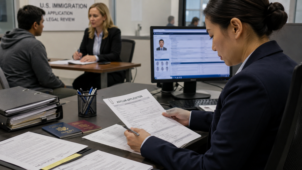 Representative image of a United States immigration office reviewing asylum applications as the Trump administration tightens asylum fraud checks, raising new questions over border security, refugee protections, immigration courts and due process.