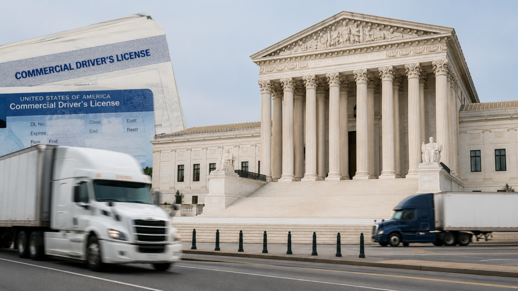 Representative image: A commercial driver’s license, moving freight trucks and a Supreme Court-style courthouse illustrate the legal battle over immigrant truck driver licensing, highway safety and Florida’s failed challenge against California and Washington.