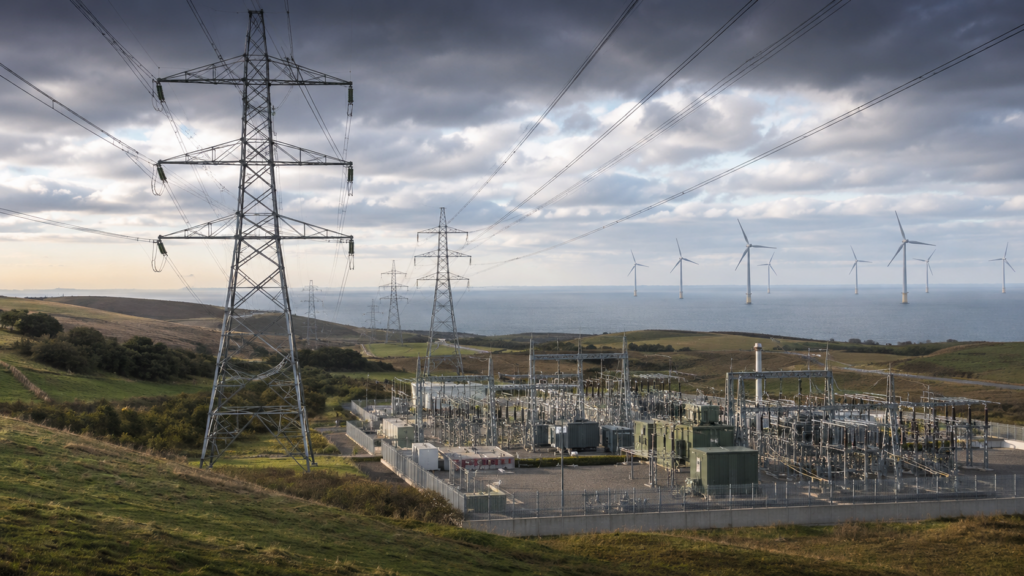 Representative image of electricity transmission infrastructure, a modern power substation and wind turbines, illustrating SSE plc’s £33 billion investment plan to expand UK energy networks and support long-term grid growth after its FY2026 preliminary results.