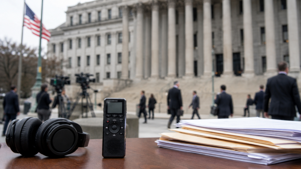 Representative image: A federal courthouse press setup with legal documents and audio recording equipment highlights the privacy, public records and political accountability questions at the heart of Joe Biden’s lawsuit against the Department of Justice over the planned release of classified documents probe recordings.