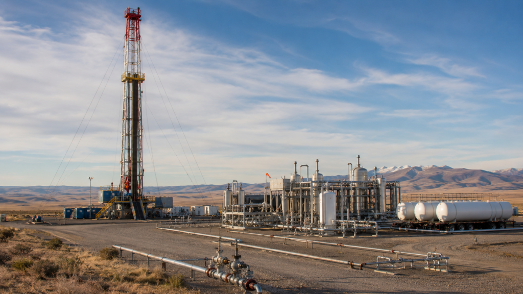 Representative image: An onshore helium drilling and processing facility illustrates Helium One Global’s shift from exploration toward production as HE1.L investors watch the Galactica-Pegasus ramp-up and Southern Rukwa farm-out catalyst.