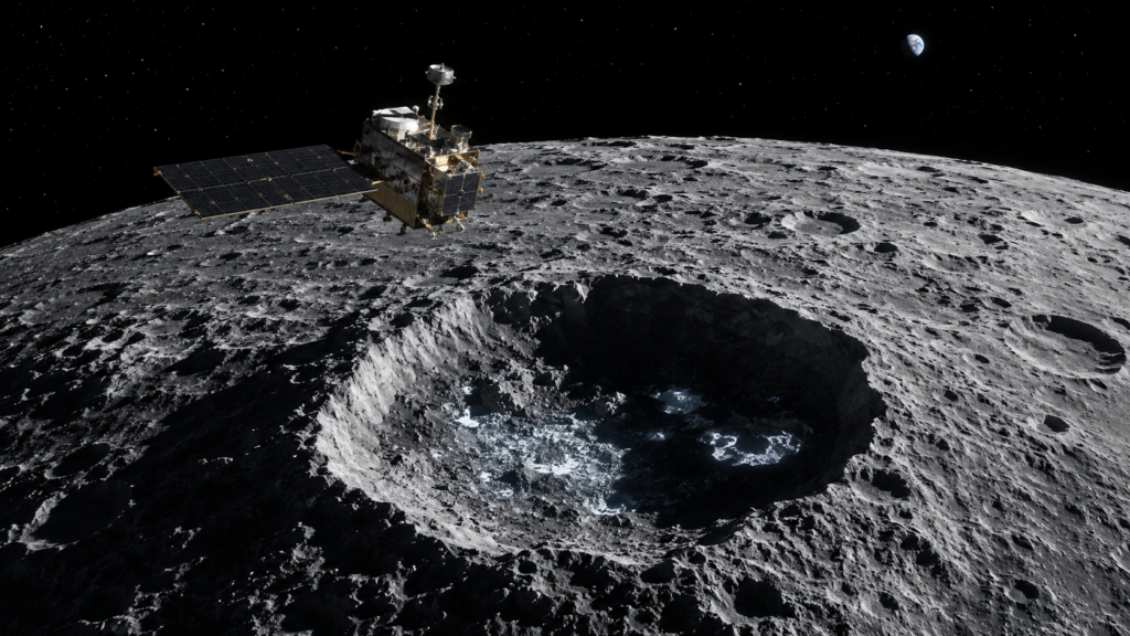 Representative image of a lunar orbiter studying shadowed craters near the Moon’s south pole as Chandrayaan-2 data strengthens evidence of subsurface ice, boosting India’s role in future lunar exploration and space resource missions.