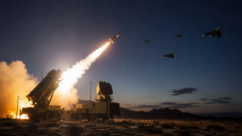 Representative image: A missile defence interceptor launch illustrates the growing cost-exchange challenge facing Lockheed Martin Corporation, RTX Corporation, and the wider air defence sector as expensive systems are used to counter low-cost drone threats.