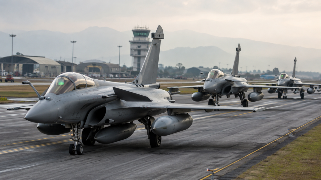 Representative image of modern fighter jets on an airbase runway as India’s proposed 114 Rafale fighter jet procurement from France raises focus on Indian Air Force modernisation, defence self-reliance, and regional air power strategy.