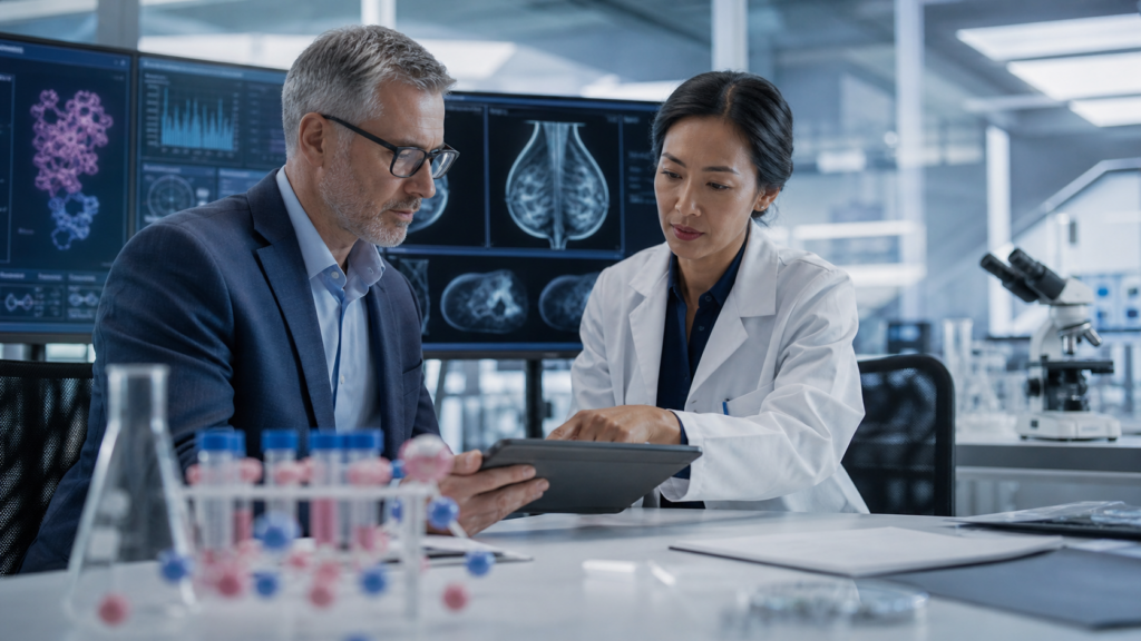 Representative image: A modern oncology research team reviews breast cancer and molecular data, reflecting how Arvinas Inc.’s VEPPANU approval could test the commercial future of PROTAC drugs and targeted protein degradation.