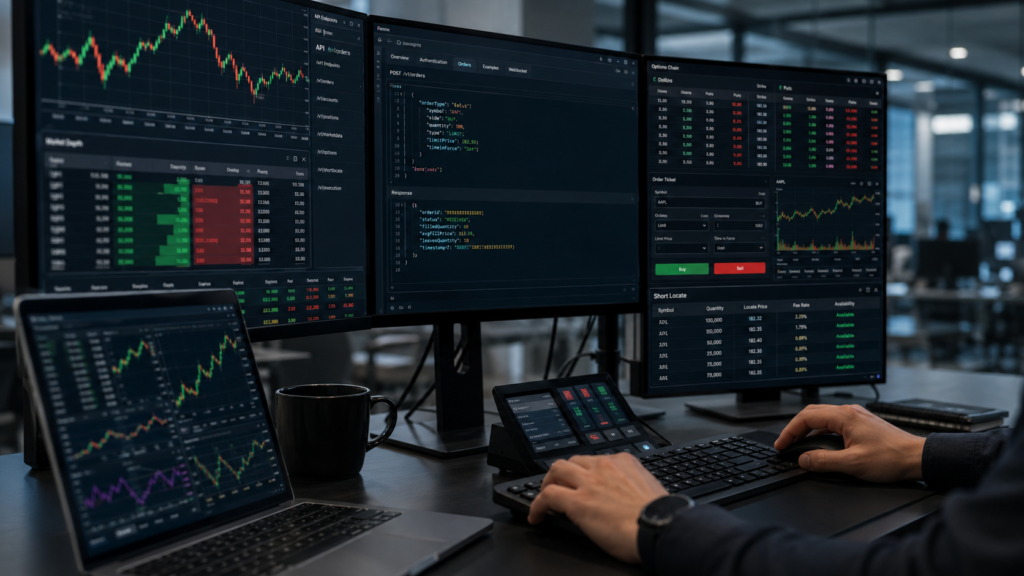 Representative image of a modern trading workstation showing API-driven equity, options and short locate workflows, as TradeZero Developer brings programmatic execution tools to active traders.