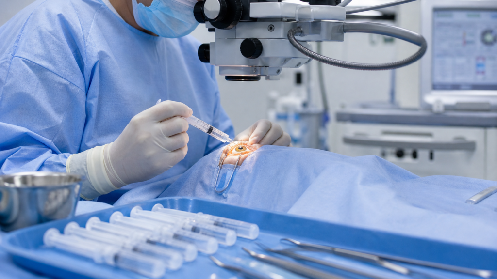 Representative image of ophthalmic viscoelastic devices being used during eye surgery, highlighting how OVD syringes have become a strategic consumables category in cataract, glaucoma and corneal procedures as global demand for advanced anterior segment surgery continues to rise.
