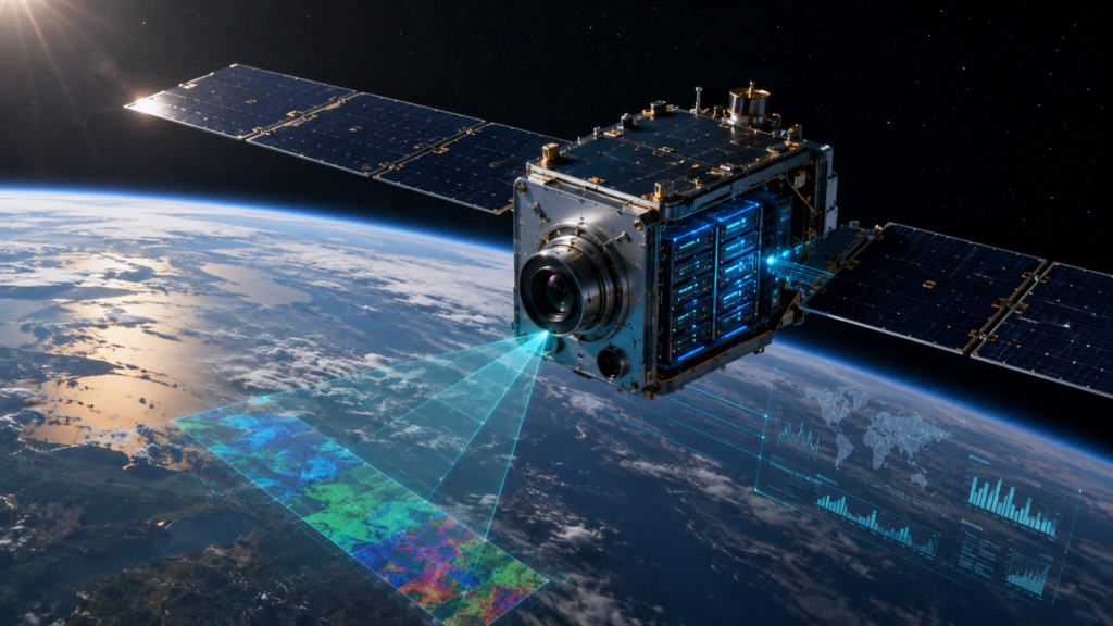 Representative image of an orbital data centre satellite processing hyperspectral imaging data in low Earth orbit, as Pixxel and Sarvam target India’s next leap in AI-powered space infrastructure.