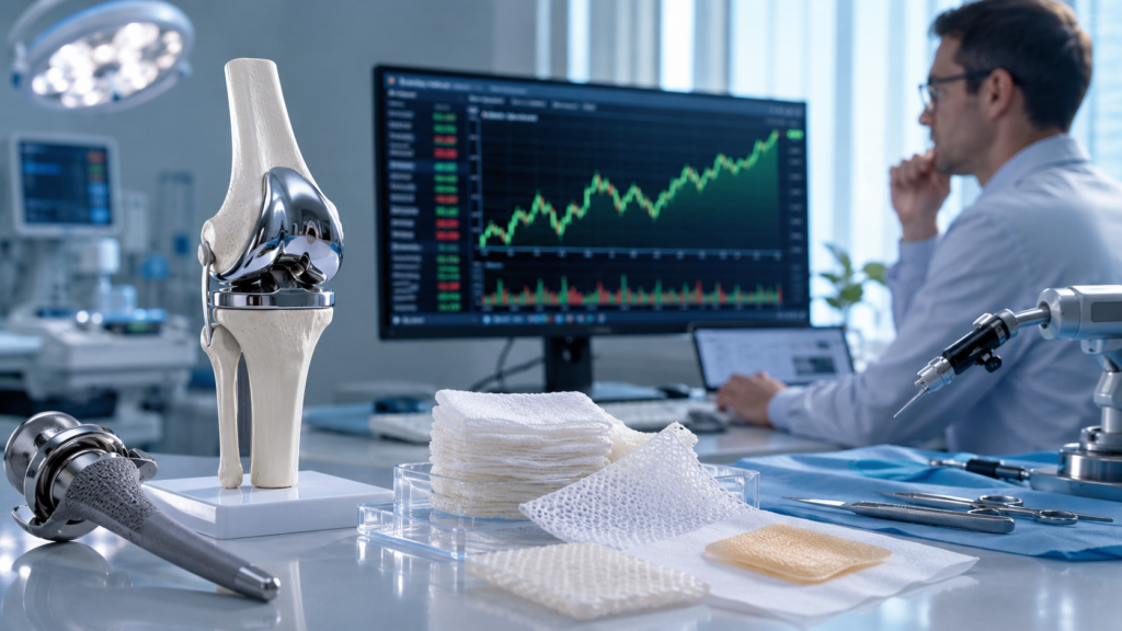Representative image of orthopedic implants, wound care materials and market data screens, reflecting Smith+Nephew’s medical technology turnaround, share buyback momentum and investor focus ahead of its H1 2026 results.