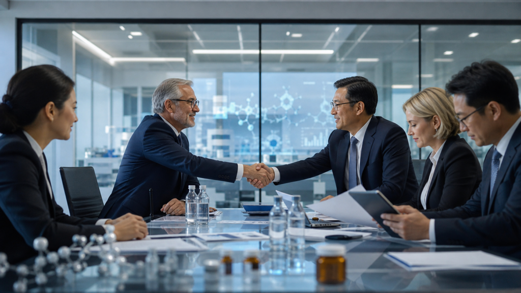 Representative image of pharmaceutical mergers and acquisitions in 2026, as major drugmakers use record dealmaking firepower, patent cliff pressure, and China-sourced biotech innovation to rebuild global pipelines.