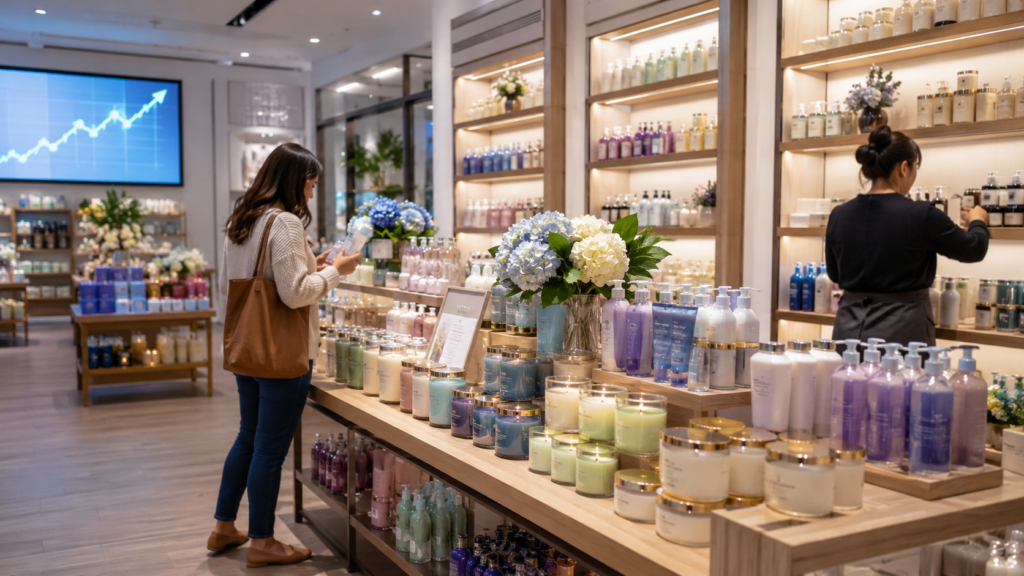 Representative image of a premium beauty and home fragrance retail store, as Bath & Body Works shares surge after stronger-than-expected earnings and renewed investor focus on its specialty retail turnaround.