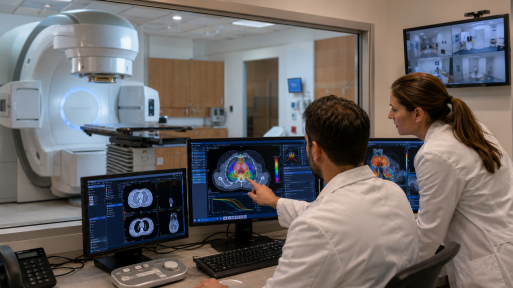 Representative image of a modern radiation oncology control room, highlighting how Accuray Incorporated’s University of Wisconsin-Madison research collaboration could advance adaptive radiotherapy and personalized cancer treatment planning.