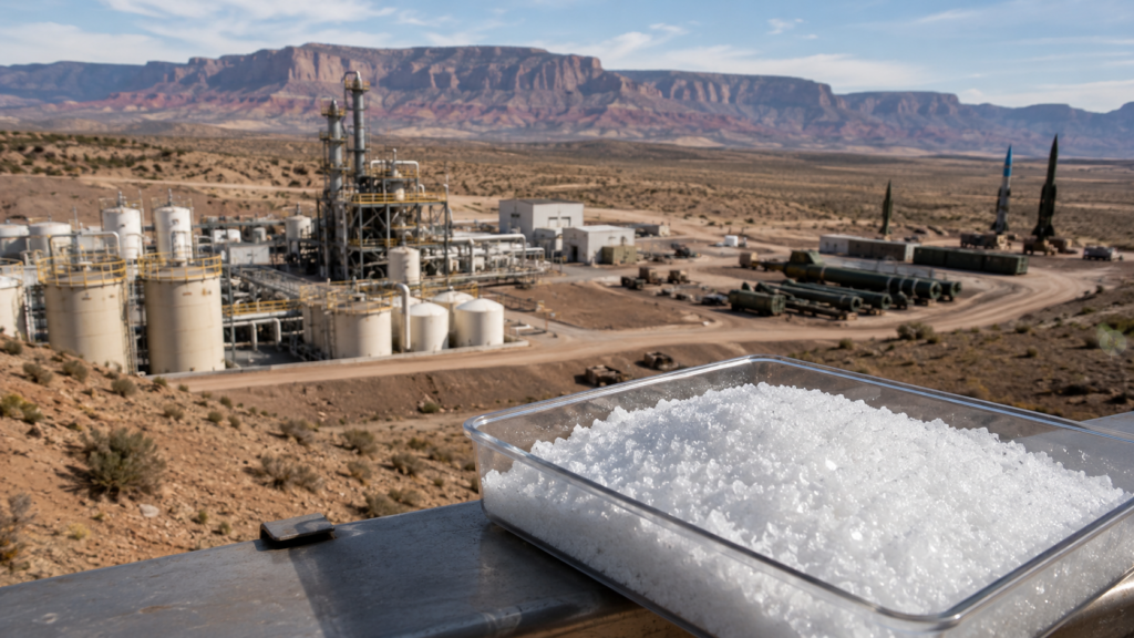 A generic view of a remote chemical production facility and white crystalline oxidiser material, illustrating how aerospace-grade ammonium perchlorate supply has become a critical bottleneck in the United States defence industrial base and solid rocket motor supply chain.
