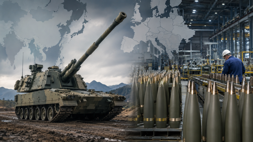 A self-propelled artillery vehicle and 155mm ammunition production line illustrate how Hanwha Aerospace and Rheinmetall are reshaping NATO’s artillery supply chain, with Korean howitzer exports and European shell manufacturing driving a new defence industry split.