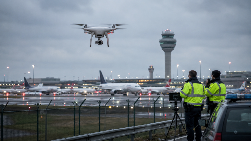 Representative image of airport security teams monitoring a suspected drone incursion near a European runway, highlighting how low-cost commercial drones are exposing major gaps in aviation security, NATO airspace protection, and Europe’s counter-drone defence readiness.