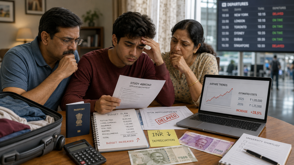 Representative image: Indian students and families are facing a tougher 2026 study abroad cost crunch as INR depreciation, United States visa delays, and rising airfares increase the financial pressure of overseas education planning.
